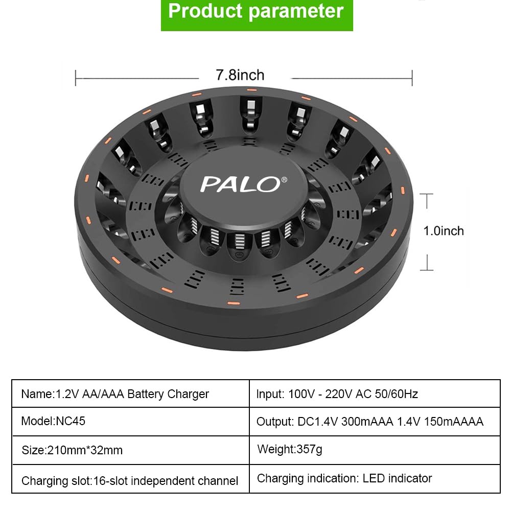 16 Bay Battery Charger for AA AAA Rechargeable Batteries 1.2V NiMH/NiCD 2A 3A Battery Charger with Battery Storage Case
