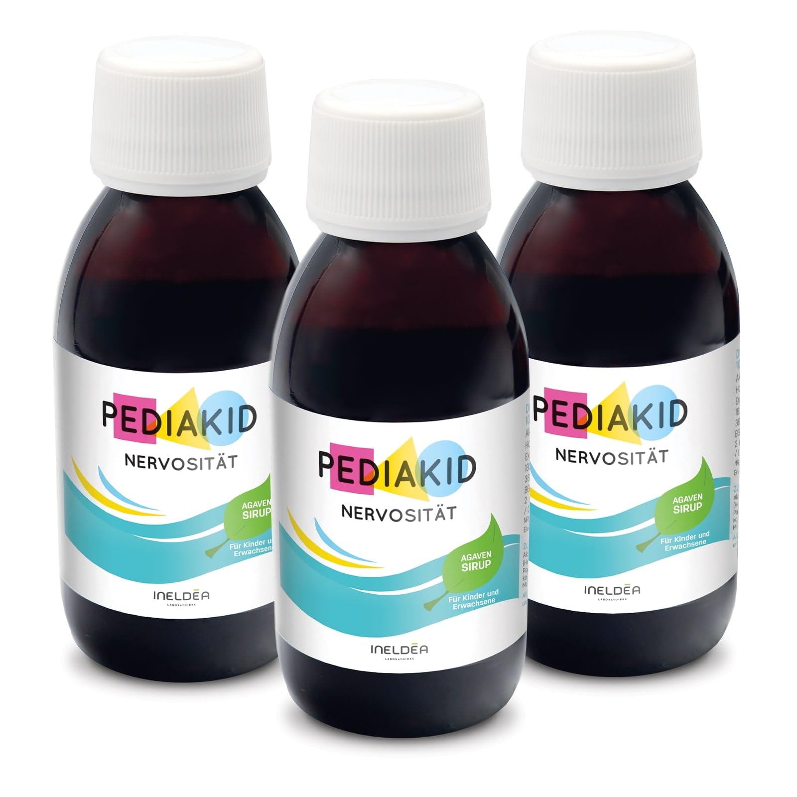 PEDIAKID - Nervosität Sirup - Natürliche Nahrungsergänzung - Exklusive Formel mit Agavensirup - Fördert die Beruhigung - Reduziert die Unruhe - Aroma Schwarze Johannisbeere - 3 Flaschen à 125 ml