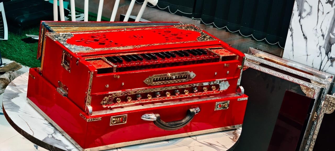 NamasteHimalayas Limited 4- Reed 13-Scale Professional Scale Changer Harmonium – Customised Rare Red Edition with Premium Brass Finish Best for Kirtan, Bhajan, Meditation, Sound Healing Therapy