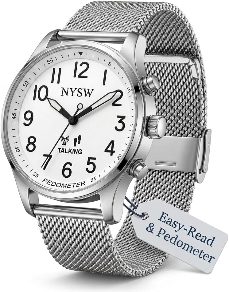 الأصلي - Men’s Atomic Time Sync Analog Pedometer Watch, Walking Step Counter, Calories &amp; Miles, American Voice Announces Time/Date &amp; Steps, No Bluetooth No EMF, Large Display, Stainless Steel Band 2026