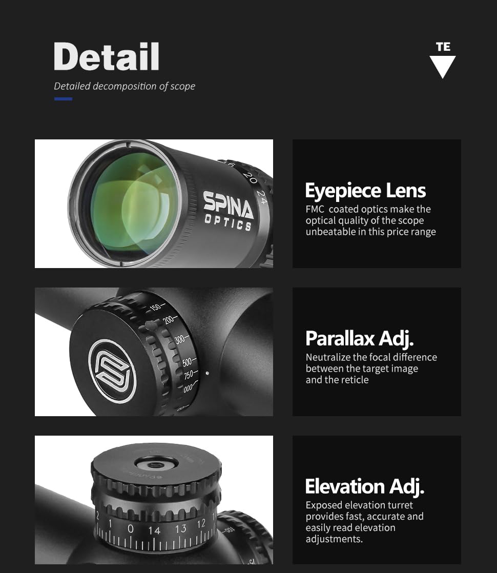 SPINA OPTICS 4-24X56 SF Mire ottiche da caccia Reticolo in vetro con torrette laterali di parallasse Ripristino Tubo da 30 mm Riflescope
