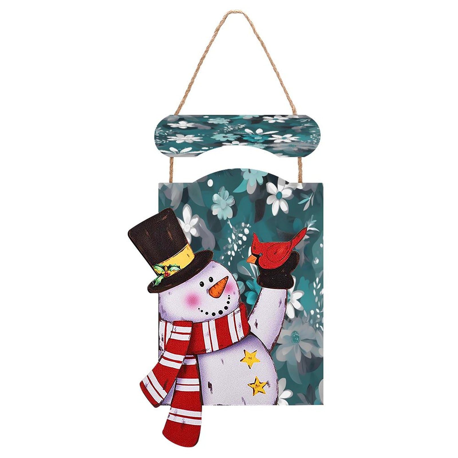 Panneau en bois bonhomme de neige de Noël et imprimé floral bleu sarcelle