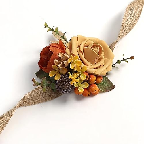 Miniatura 6 de Emivery Juego de 6 ramilletes de muñeca, ramillete de flores de terracota, pulsera rústica para niña, dama de honor, boda, ramillete de muñeca,