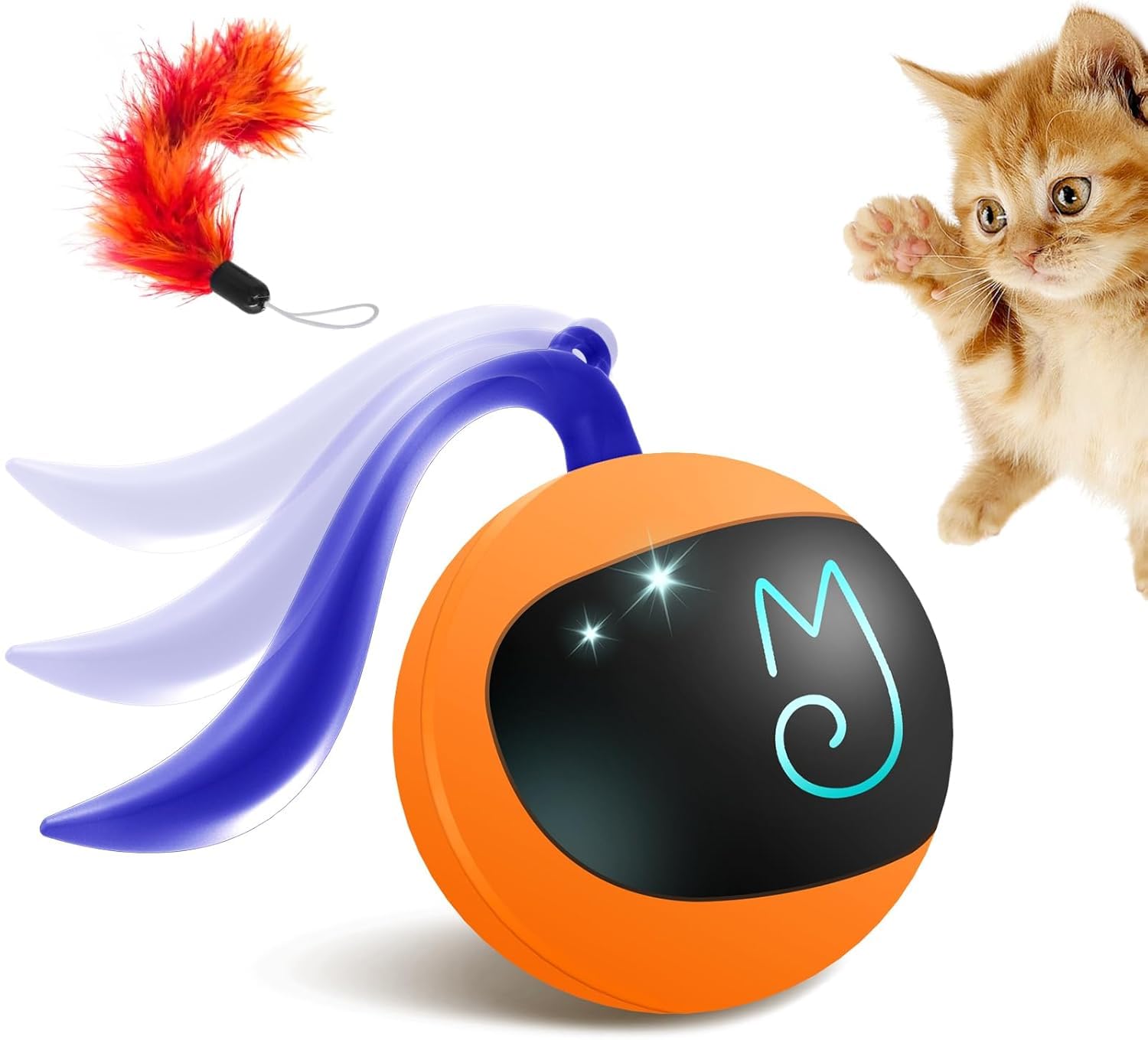 Interactive Cat Ball Toy Set, Fun Tracker, Automatic Rolling Chase Ball with Fluffy Tail, A Small Mice, Rechargeable (Orange)