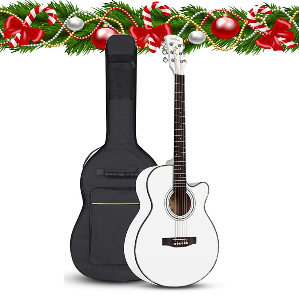 Chitarra Acustica Per Principianti, Adulti, Adolescenti, Set Completo Di Chitarra Acustica Con Corde In Ottone Con Custodia Morbida, Tracolla, Accordatore, Design Cutaway(Bianco,40 in)