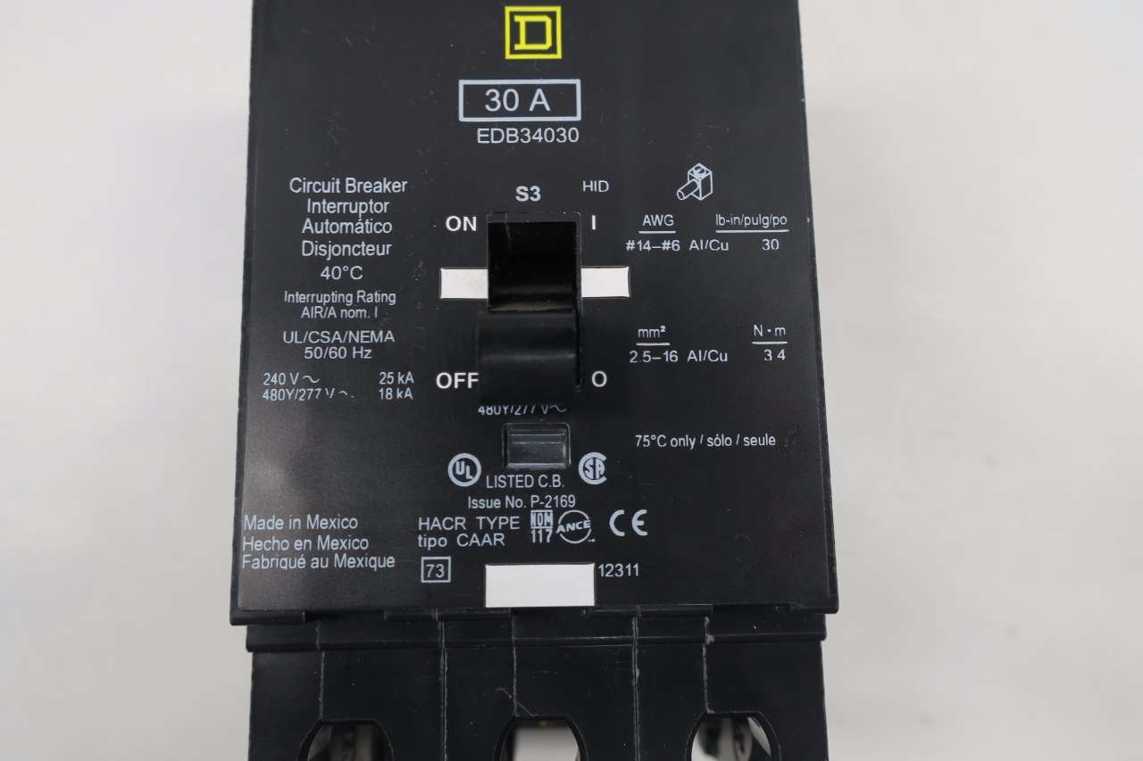 SQUARE D EDB34030 3P 30A AMP 480V-AC MOLDED CASE CIRCUIT BREAKER D538685