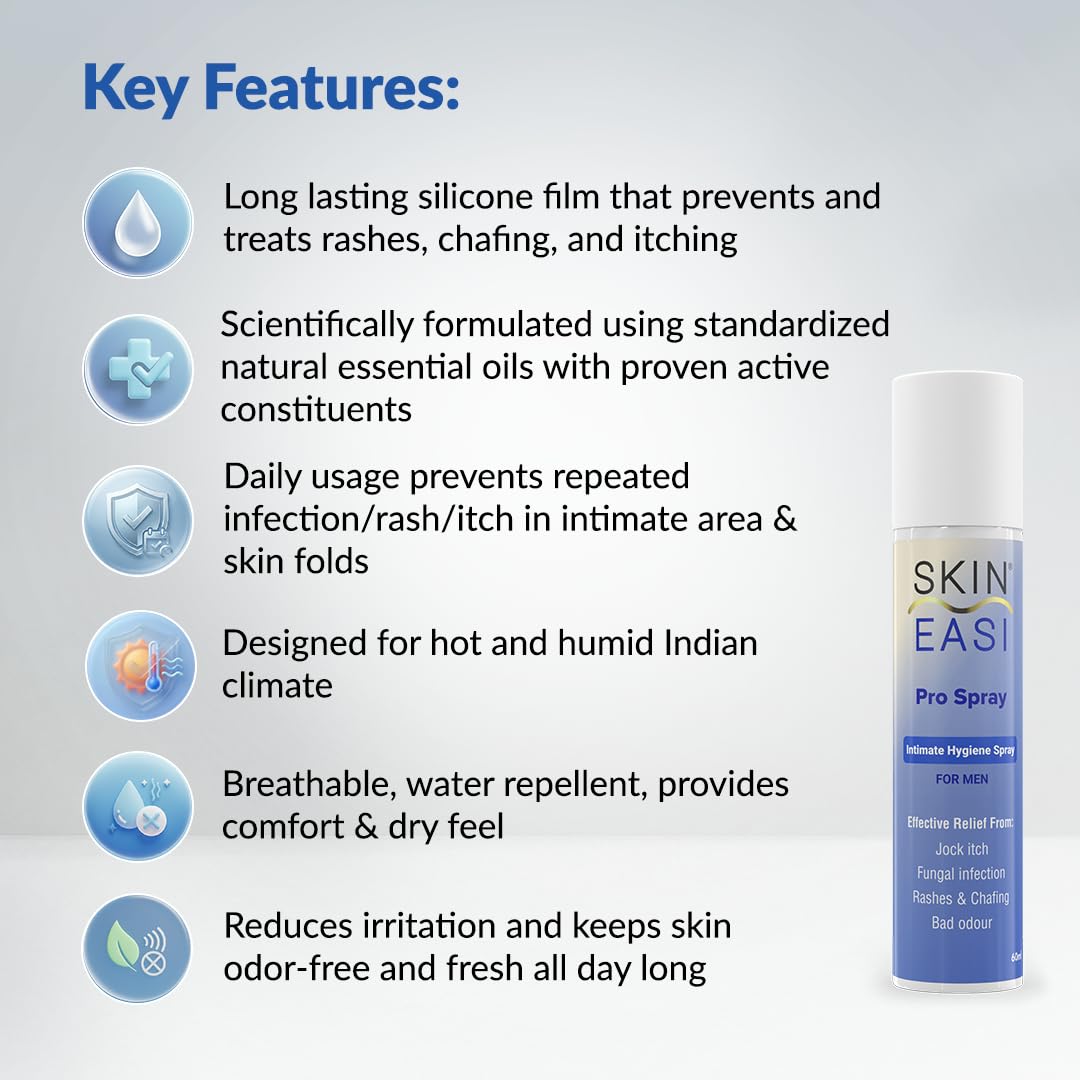 Skineasi Pro Spray for Men | Jock Itch & Fungal Infection Relief Spray | Anti Chafing, Groin Rash & Itching Protection | Intimate Hygiene & Odour Control | Quick Dry Silicone Formula | 30ml 4