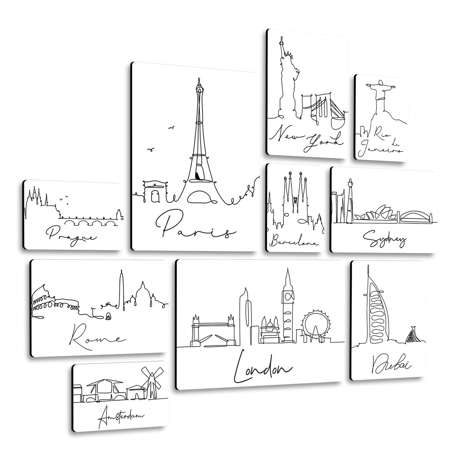 Giallobus - Conjunto de 10 pinturas de paneles múltiples - Ciudad - Línea de la ciudad - Madera de MDF - | 2 x 42x29,7cm | 4 x 29,7x21cm | 4 x 21x14,85cm | - Listo para colgar - Cuadros