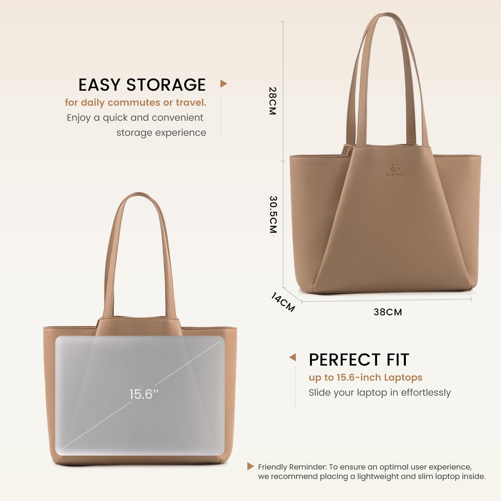 LOVEVOOK Sac a Main Femme 15,6" -Sac Cabas Ordinateur Portable Sac à Main pour Les Cours Lycée, Grand Tote Bag de Travail pour Lycée, Université, Business et Voyages
