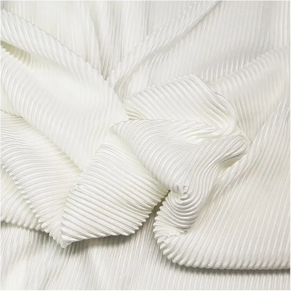 Tecido plissado tecido elástico linha textura elástica listras finas tecido designer para calças sociais terno costura 150 cm largura M105F2 (marfim)