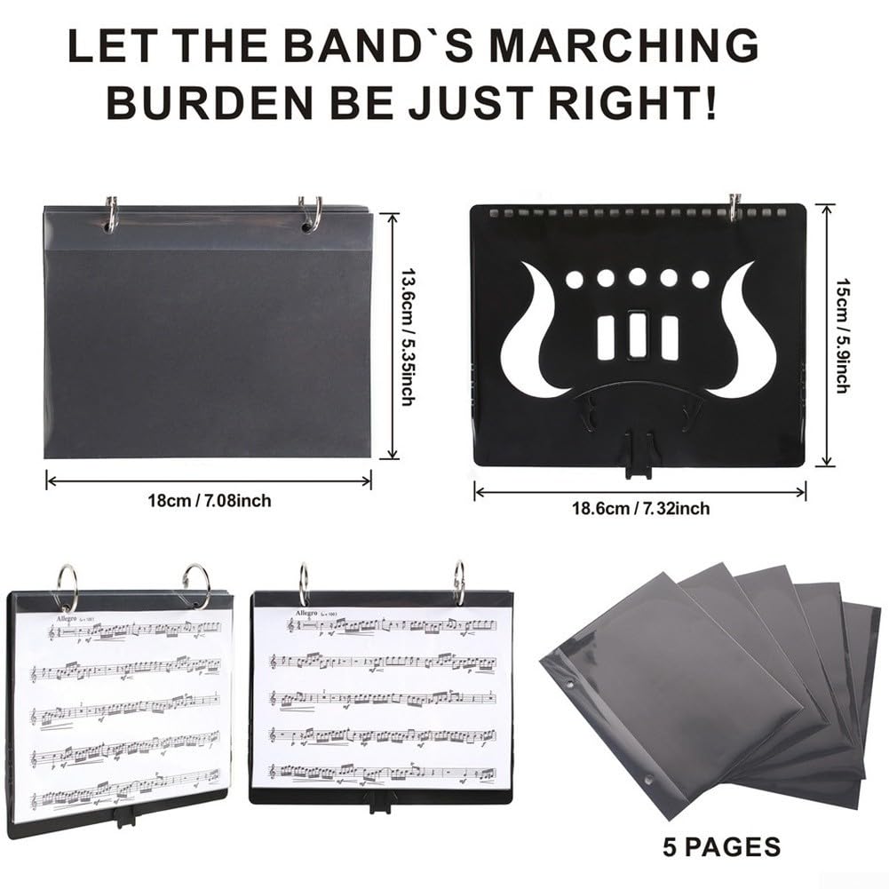 Support de partition de fanfare avec lyre en plastique transparent et léger pour instruments en laiton, classeur de musique sécurisé à clipser pour étudiants et professionnels, noir