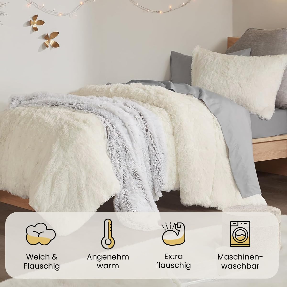 Sacebeleu Plüsch Bettwäsche Set 135x200cm Weiß Creme Warme Winter Flauschig Flanell Biber Mädchen Bettbezug mit Reißverschluss und 1 Kissenbezug 80x80cm
