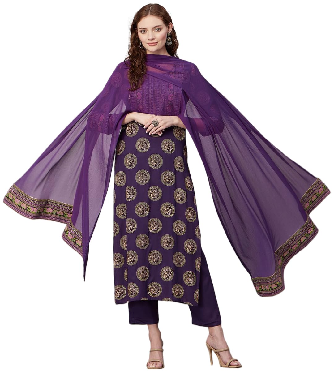 GoSriKi Women's Cotton Blend Straight Printed Kurta with Pant & Dupatta