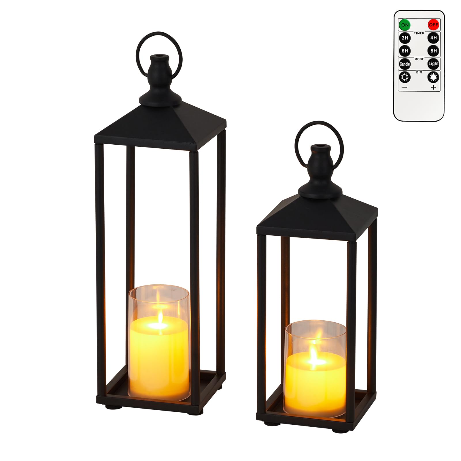 GarveeHome Set of 2 Black Metal Candle Lanterns with Flameless LED Candles - Decorative Hanging Lanterns for Garden, Patio, Fireplace Mantel - Flickering Battery Operated Lantern with 6H Timer
