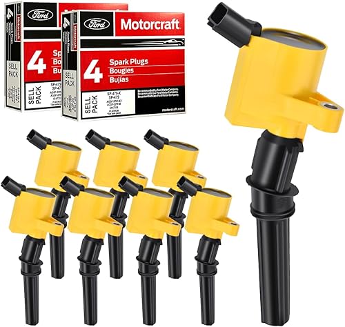 MAS Juego de 8 bobinas de encendido amarillas, botas curvadas DG508 y 8 bujías Motorcraft Platinum SP479 compatibles con Ford F150 F250 Super Duty