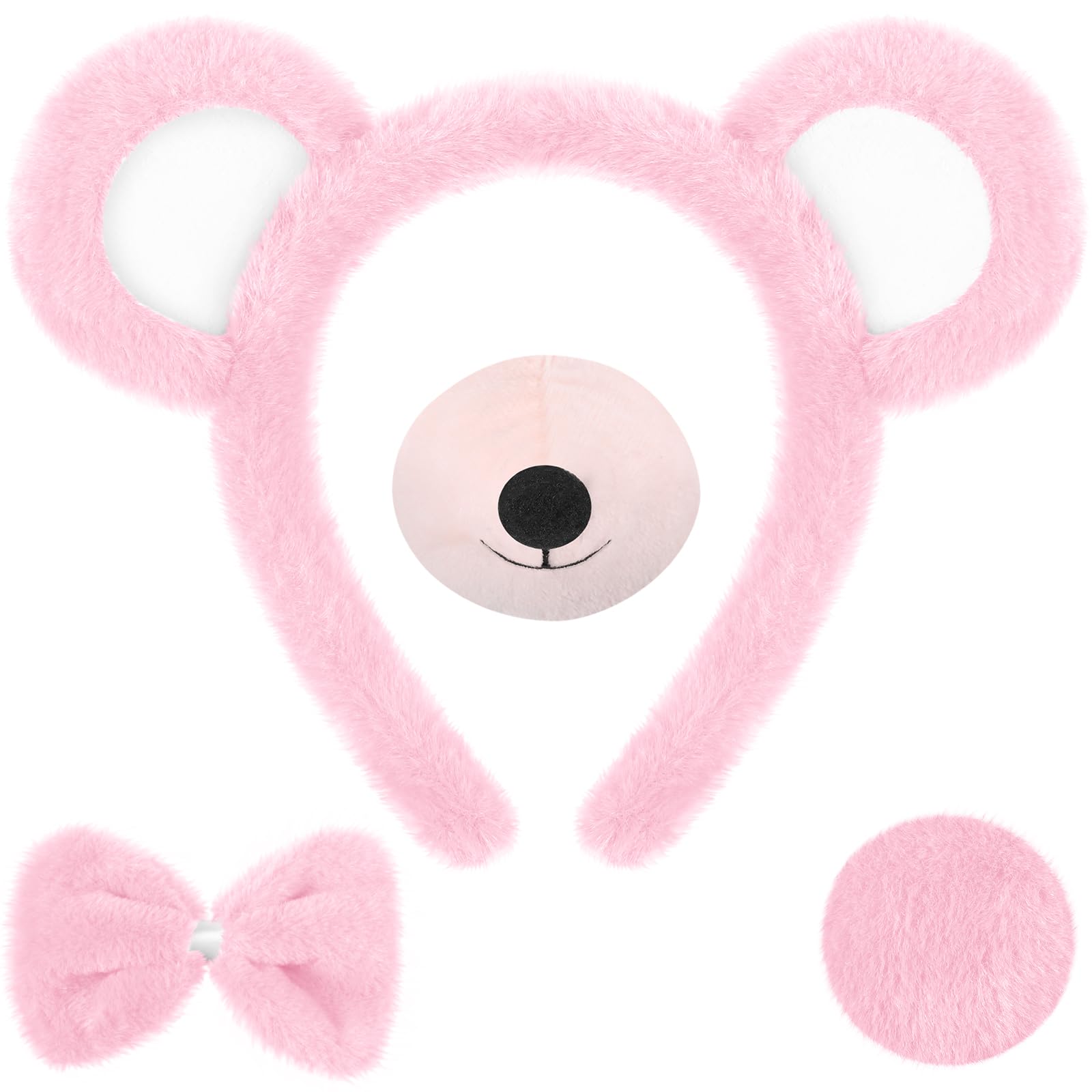 Harrycle Bear Cosplay Set Bear Ears Headband Bowtie Nose Tail for Carnival Costume Supplies(Light Pink)