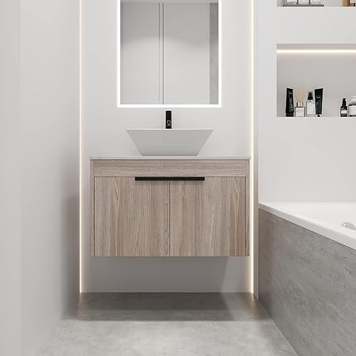 Miniatura 3 de Base de tocador de baño de 30 pulgadas con fregadero, gabinete de baño de madera contrachapada con dos puertas, gabinete de almacenamiento flotante