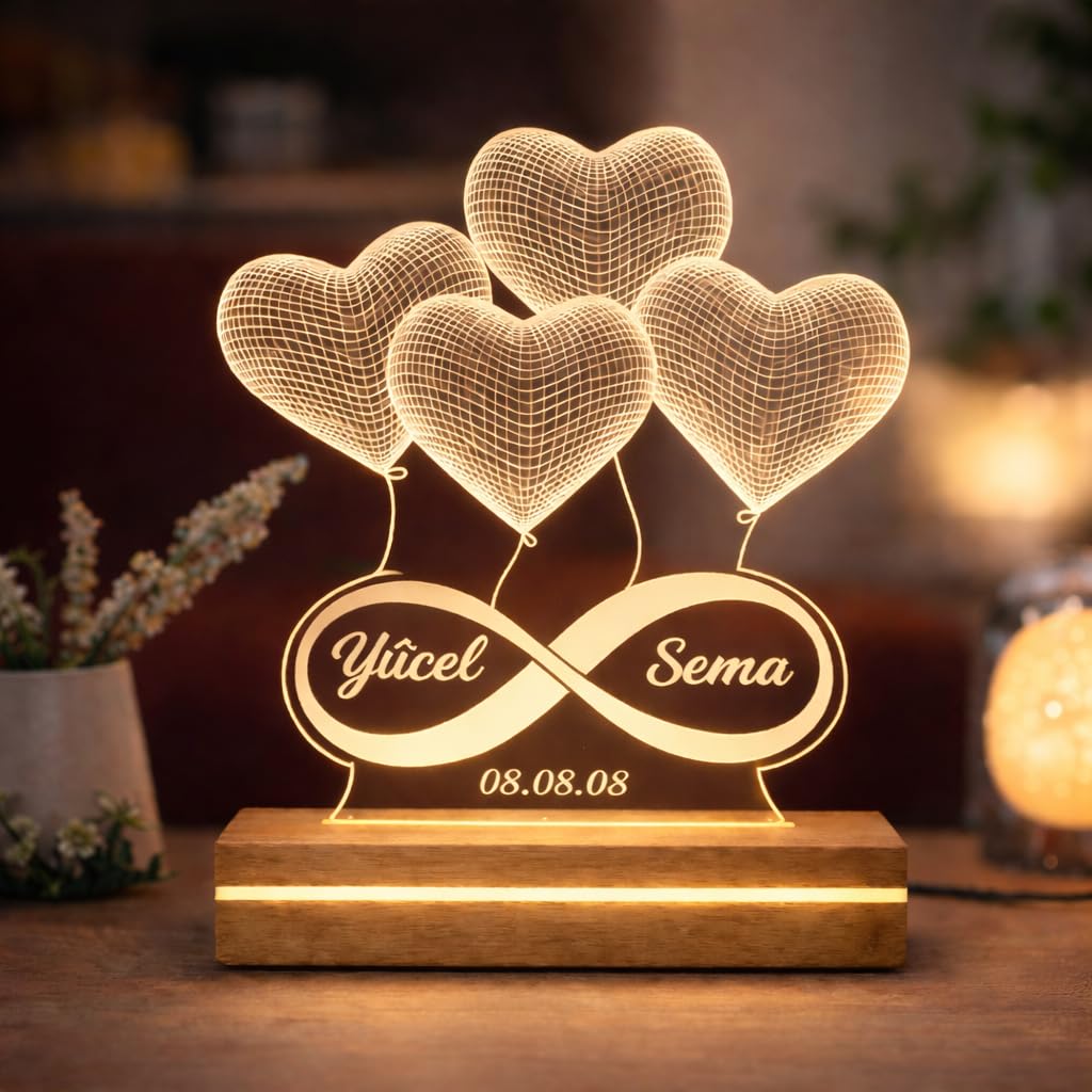 Spersonalizowana lampa LED z iluzją 3D, balony w kształcie serca z symbolem nieskończoności, drewniana podstawa, funkcja lampki nocnej, romantyczna, nowoczesna