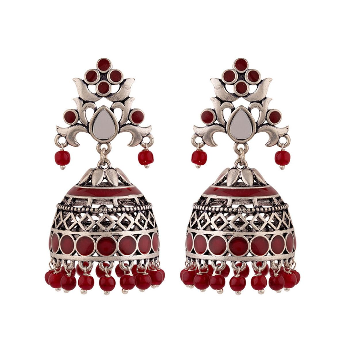 VOYLLABrass Silver Oxidised Plating Rangabati Pink Embellishments Jhumka Earrings with Pearl Beads for Women and Girls