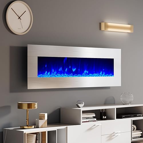 Miniatura 2 de Chimenea eléctrica de montaje en pared de 60 pulgadas, chimenea colgante de pared de acero inoxidable con control remoto, registro de brillo de 6