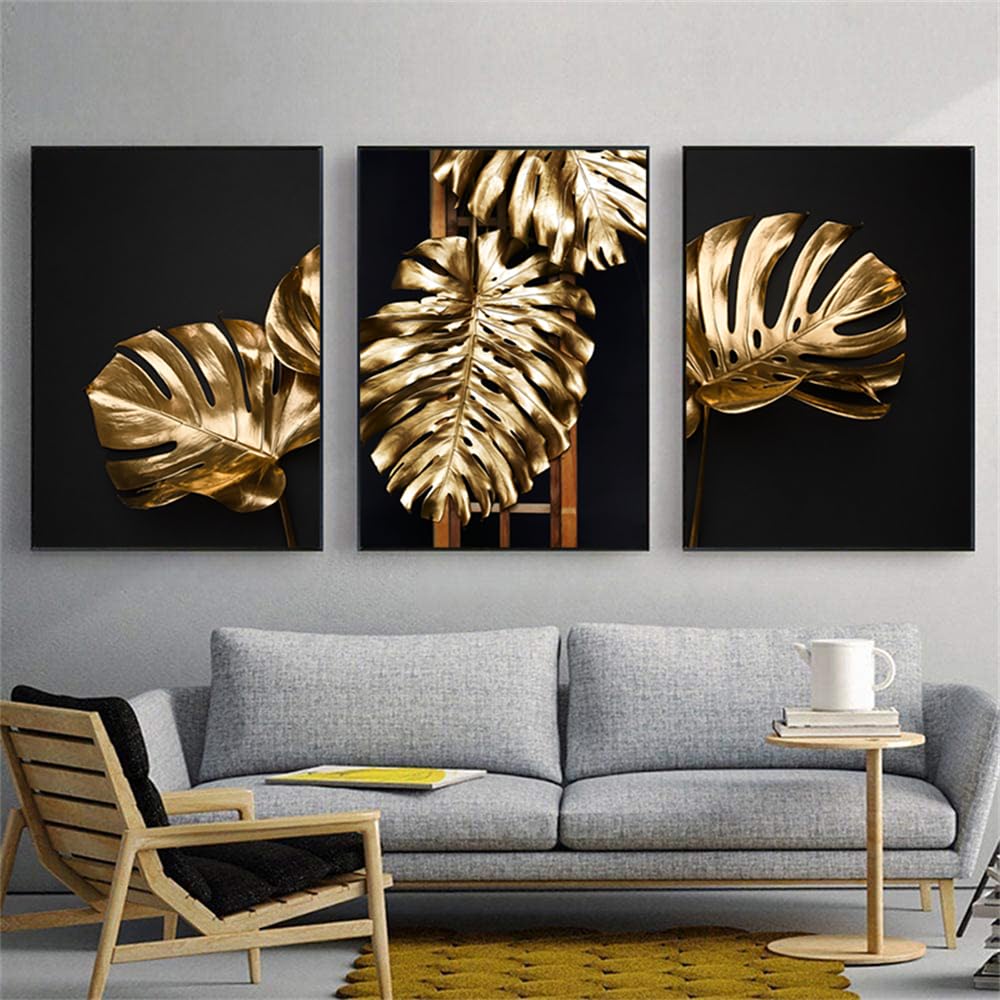 WBYZAC Botanical Posters-Golden Leaf Posters Canvas Painting Modern Black and White Abstract Plant Prints Wall Art Pictures for Living Room Home Decor-60 * 80cm*3PCS (No Frame)