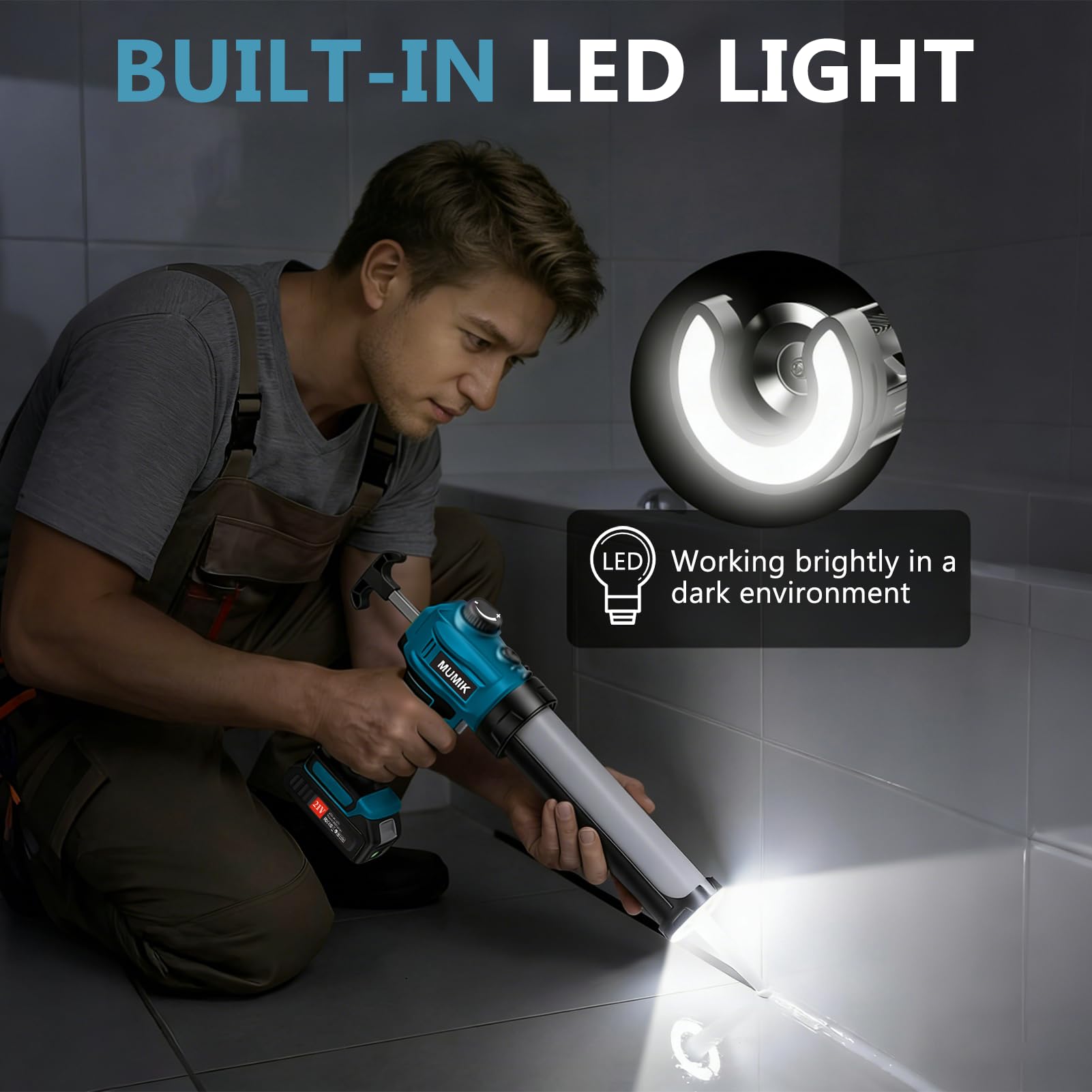 Pistolet Silicone Electrique Sans Fil 2x2000 mAh Batteries Variateur de Vitesse Lumière LED Cartouches 300 ml