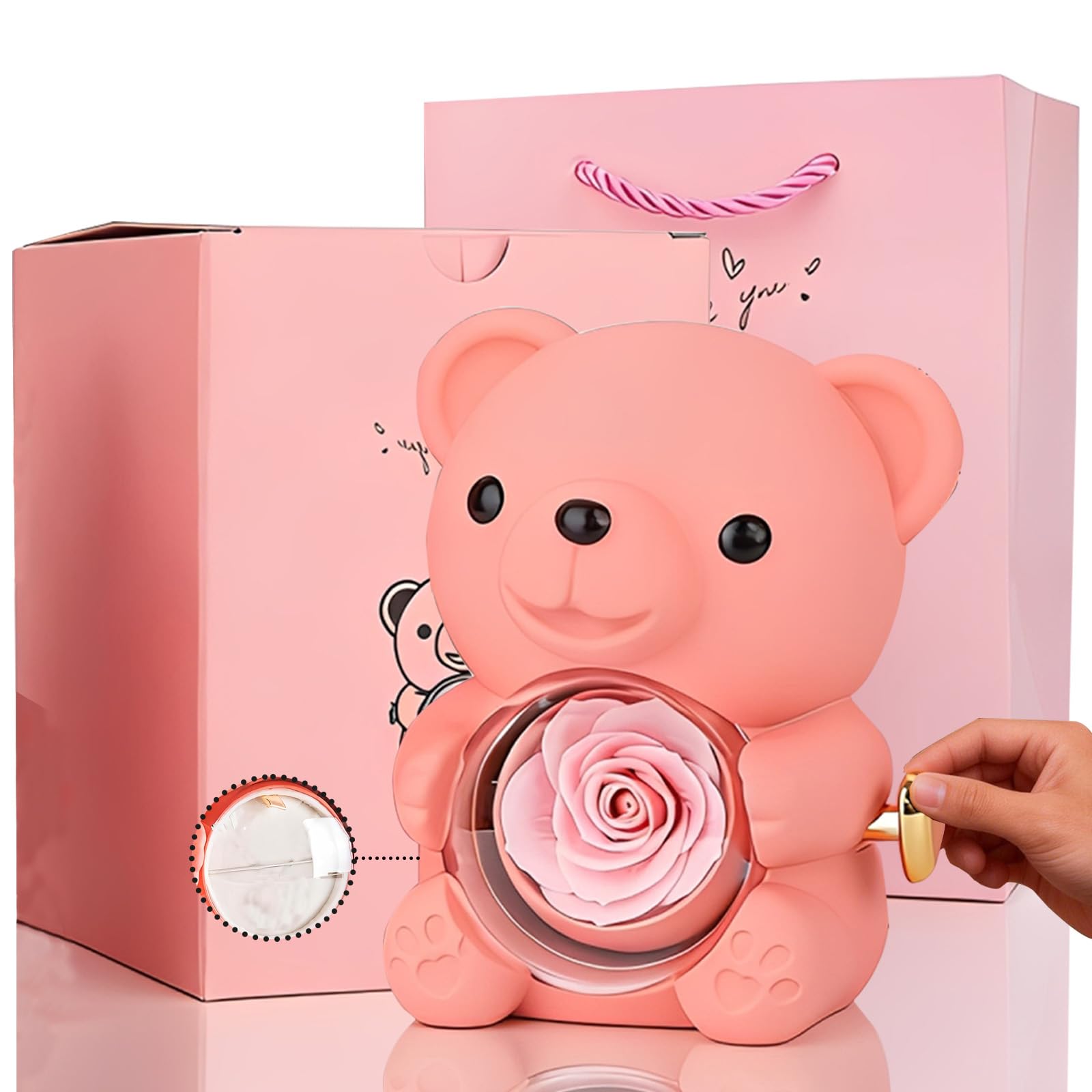 yayafunfun Pink Romantic Teddy Bear with Preserved Rose Heart, Hidden Jewelry Box, Eternal Pink Rose Teddy Bear Gift for Women Girl Valentines Day, Mother's Day, Birthday,Wedding, Bridal Shower — image 1