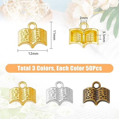 Miniatura 2 de DICOSMETIC 150 dijes de libros de 3 colores, de aleación, con temática escolar, 3D, dijes de la Biblia sagrada, bronceador dorado antiguo y plata,