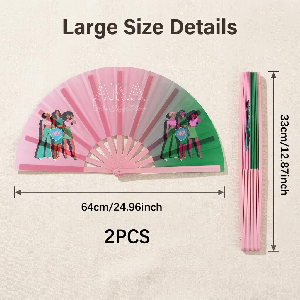 2Pcs Folding Hand Fans for AKA Sorority Gifts Green and Pink Paraphernalia Clacking Fan for Line Dancing Sisterhood Events Women Party Decoration Foldable 13 to 25 Inches