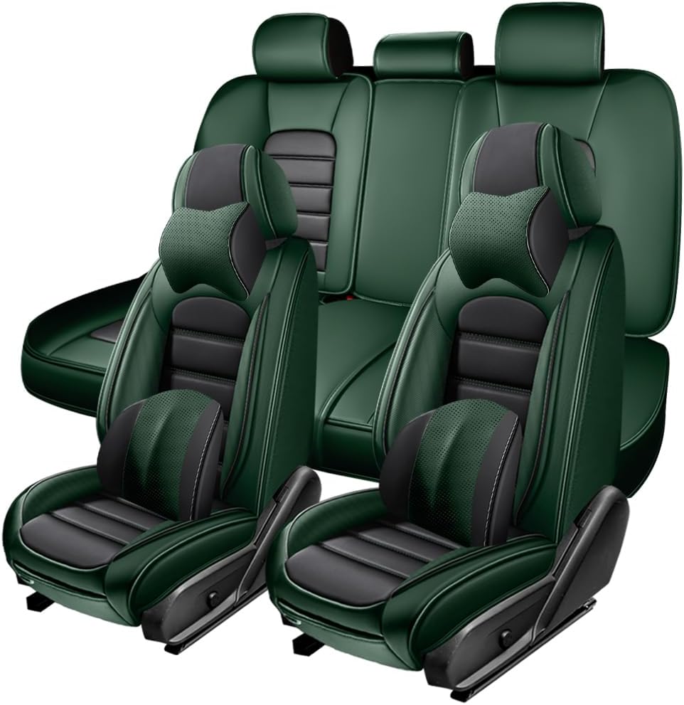 5 Seat Covers for Toyota Yaris 2007-2024,Premium Nappa Leather Car Seat Covers Car Seat Cushions,Waterproof Soft Seat Covers for Cars,Interior Accessories Airbag Compatible（Luxury-Black&Green）