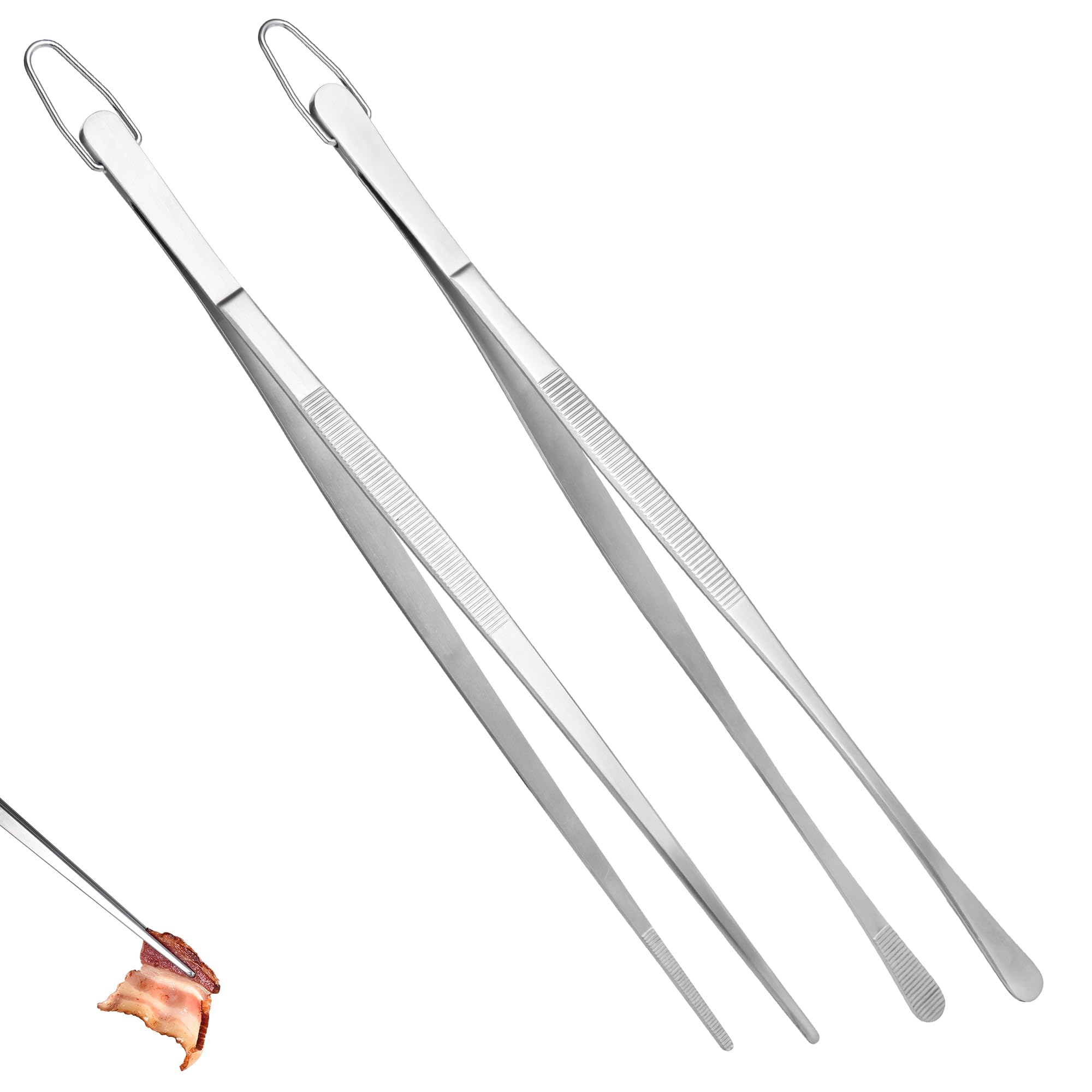 U-Taste 30cm Long Kitchen Tweezers Set: 18/8 Stainless Steel Food-Grade Cooking Tongs with Seamless-Welding and Upgraded Pinching Force for Serving Grilling Frying Decorating (Round & Pointed Tip)