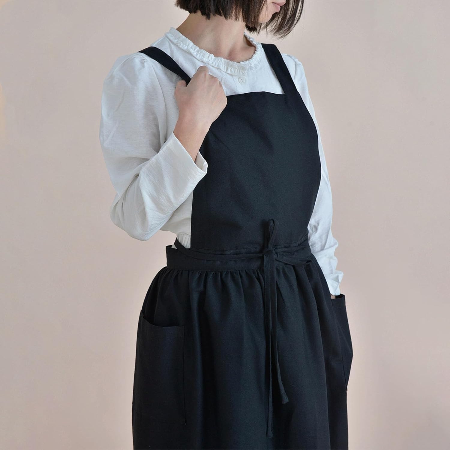 カフェエプロン レディー ス おしゃれ 綿 調節可能 無地 バッククロス 防水エプロン ポケット2個付きキッチンダイニングルームコー