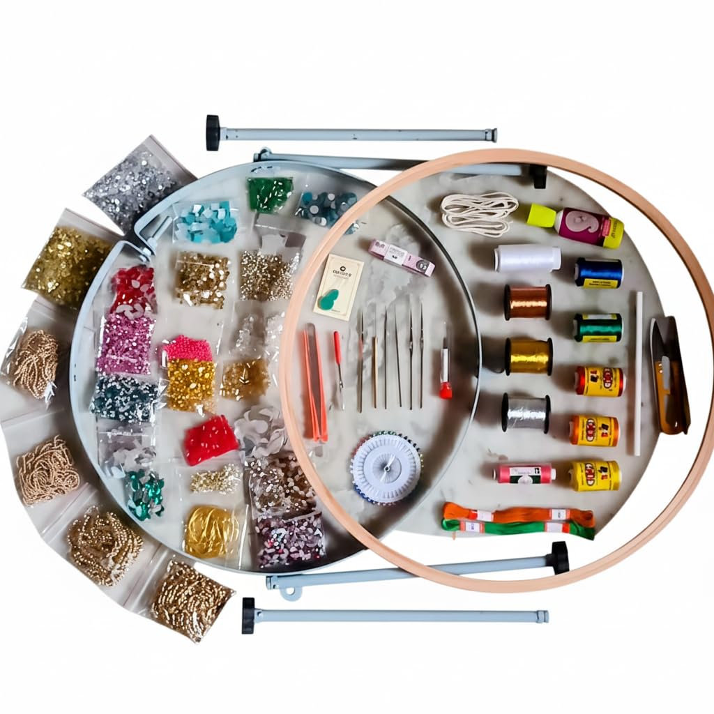 57 pcs aari/maggam work materials kit with 18 inch aari wooden embroidery frame 18’’ maggam work stand wooden hoop–embroidery kit for beginners full maggam work material set combo hand embroidery zari thread