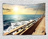 Ambesonne Nautical Tapestry, Sailboat in Mediterranean Waves at Sunset Sky Relax Yacht Wind Relax Scenery, Wide Wall Hanging for Bedroom Living Room Dorm, 80' X 60', Cream Blue