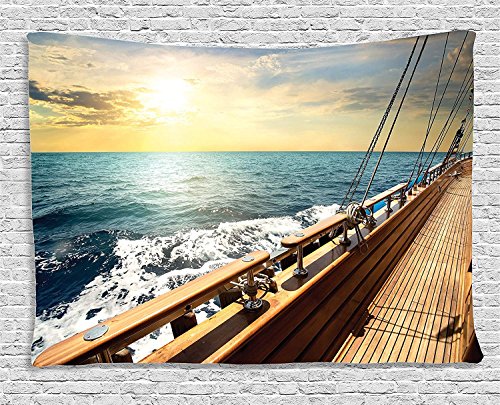 Ambesonne Nautical Tapestry, Sailboat in Mediterranean Waves at Sunset Sky Relax Yacht Wind Relax Scenery, Wide Wall Hanging for Bedroom Living Room Dorm, 60" X 40", Cream Blue