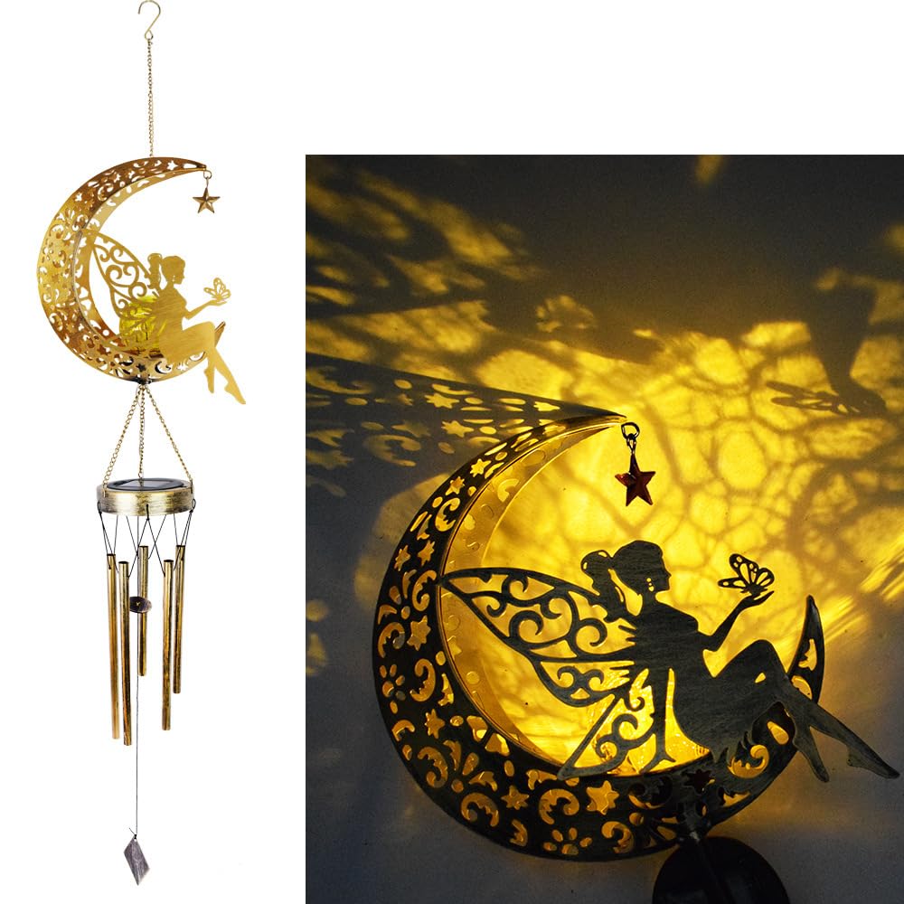 Carino solare alimentato luna fiore fata vento campana luce decorativa, ferro arte fata vento campana, un regalo portatile a LED luce decorativa all'aperto per gli amici.