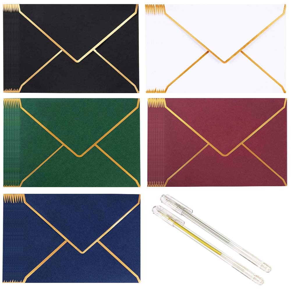 50pcs A7 Luxury V Flap Envelopes With Gold Foil Golden Border, Colorful A7 Self Adhesive Graduation Envelopes, Invitation Envelopes, Wedding Envelopes, Parties, Greeting Birthday
