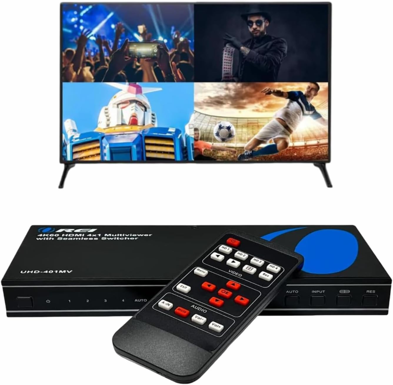 OREI 4K UHD-401MV Multi-HDMI Viewer 4 in 1 Output 4 Port Switch Seamless Infrared Remote Control Support 4K@60Hz 1080P for PS4/PC/DVD/Security Camera, HDMI Switch