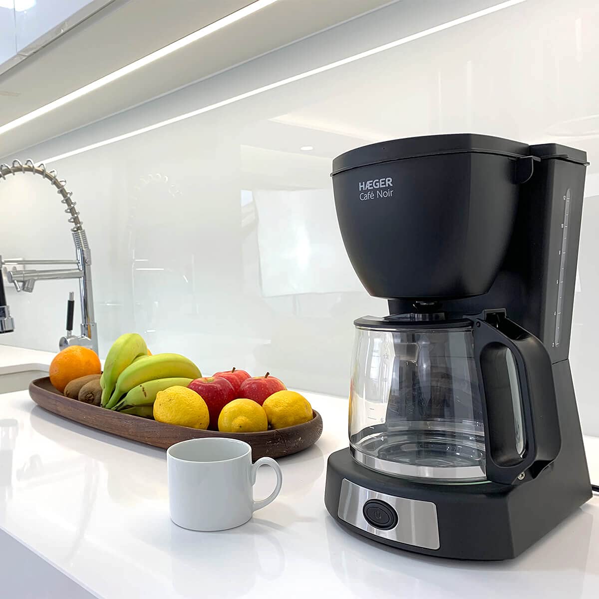 HAEGER CAFÉ Noir - Cafetera de Goteo, Capacidad 12 Tazas, 680W de Potencia, Placa calentado para Mantener el Calor, indicador de Nivel de Agua, Sistema Anti-Goteo, Jarra de Vidrio con Tapa articulada