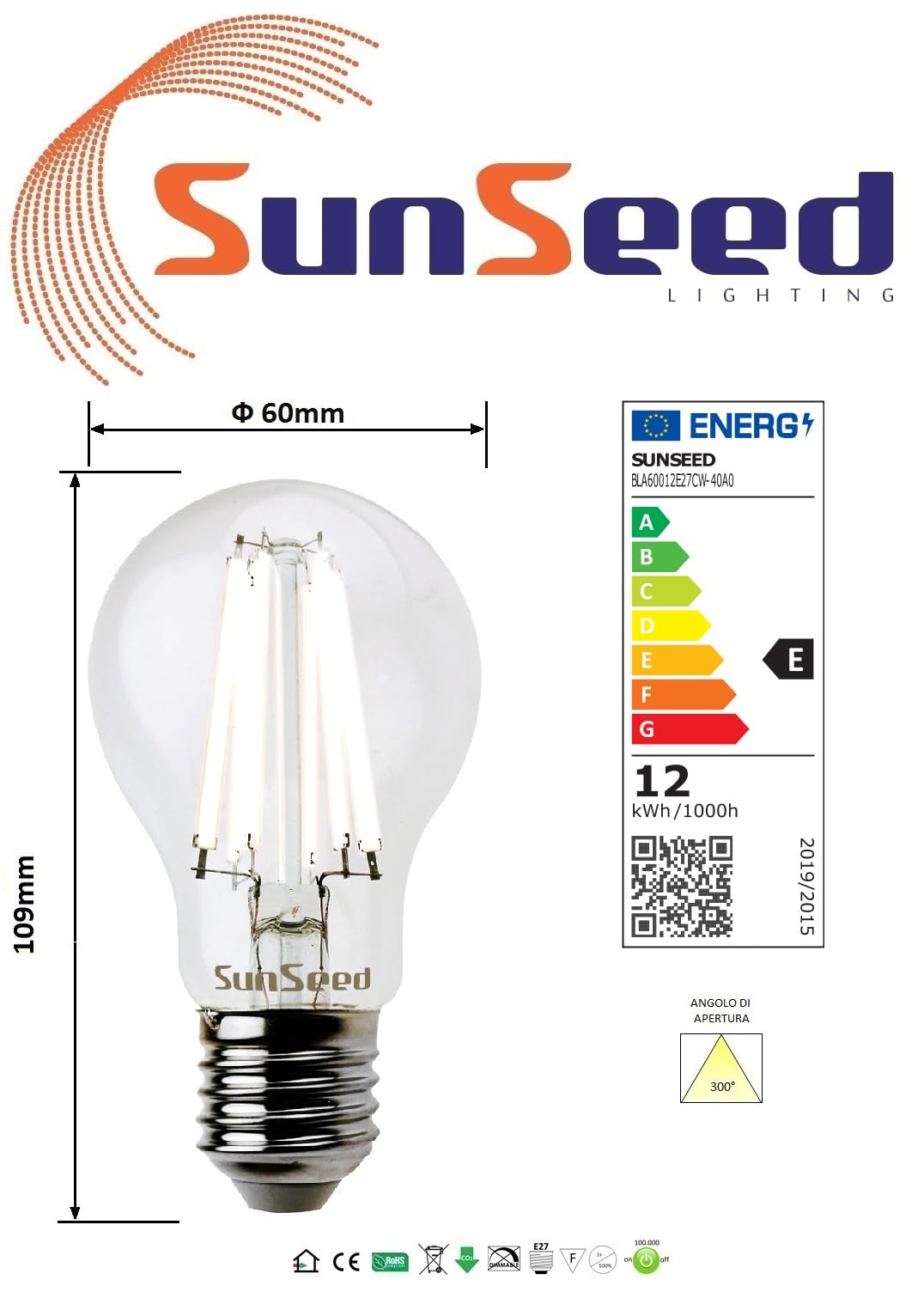 SUNSEED 10x Lampadina E27 Filamento LED Bianco 12W Goccia A60 1521 Lm Luce Naturale 4000K, 100W Equivalente