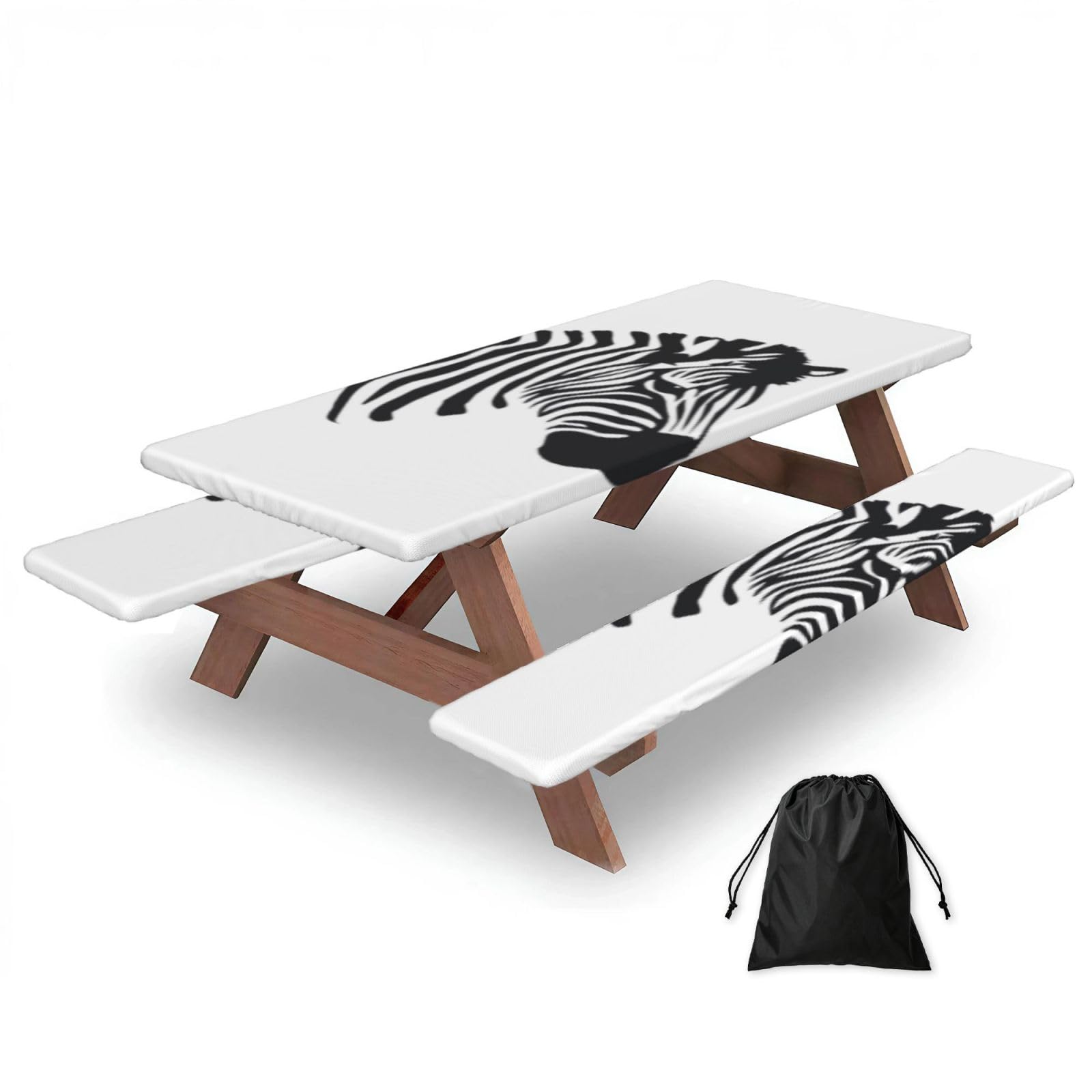 Duwaa Black Zebra Print 183Cm Picnic Table Cover With Bench Covers, Waterproof Elastic Tablecloth Set For Outdoor