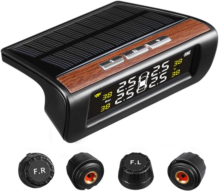 VETOMILE Tyre Pressure Monitoring System Wireless Solar Powered TPMS with 4 External Sensors Real Time Monitoring LCD display Pressure and Temperature Gauge
