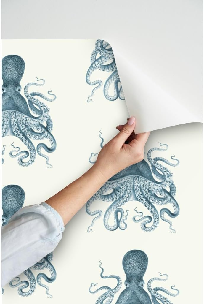 Peel & Stick Wallpaper 6ft x 2ft - Octopus Sea Illustration Vintage Squid Nautical Coastal Ocean Beach Custom Removable Wallpaper by Spoonflower