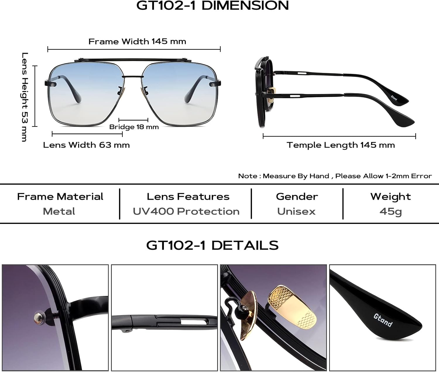 Gtand Fashion Oversized Square Aviator Gradient Sunglasses For Men Women Vintage Metal Sun Glasses 63mm - Image 5