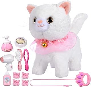 Volunna Remote Control Electronic Plush Cat Toy Pet for Girls Kids Interactive Toys, Walks, Barks, Pretend Dress Up Realistic Stuffed Animal for Age 3 4 5+ Years Old Best Gift (Cat-White)