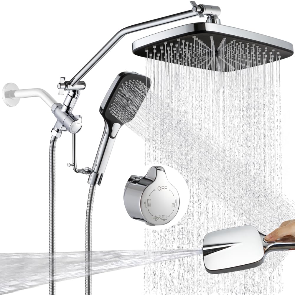 CyberWater - Cabezal de ducha de 12 pulgadas con rociador de mano, modo de lavado a presión integrado, desviador de 3 vías con ajuste de pausa, brazo de ducha de extensión ajustable,