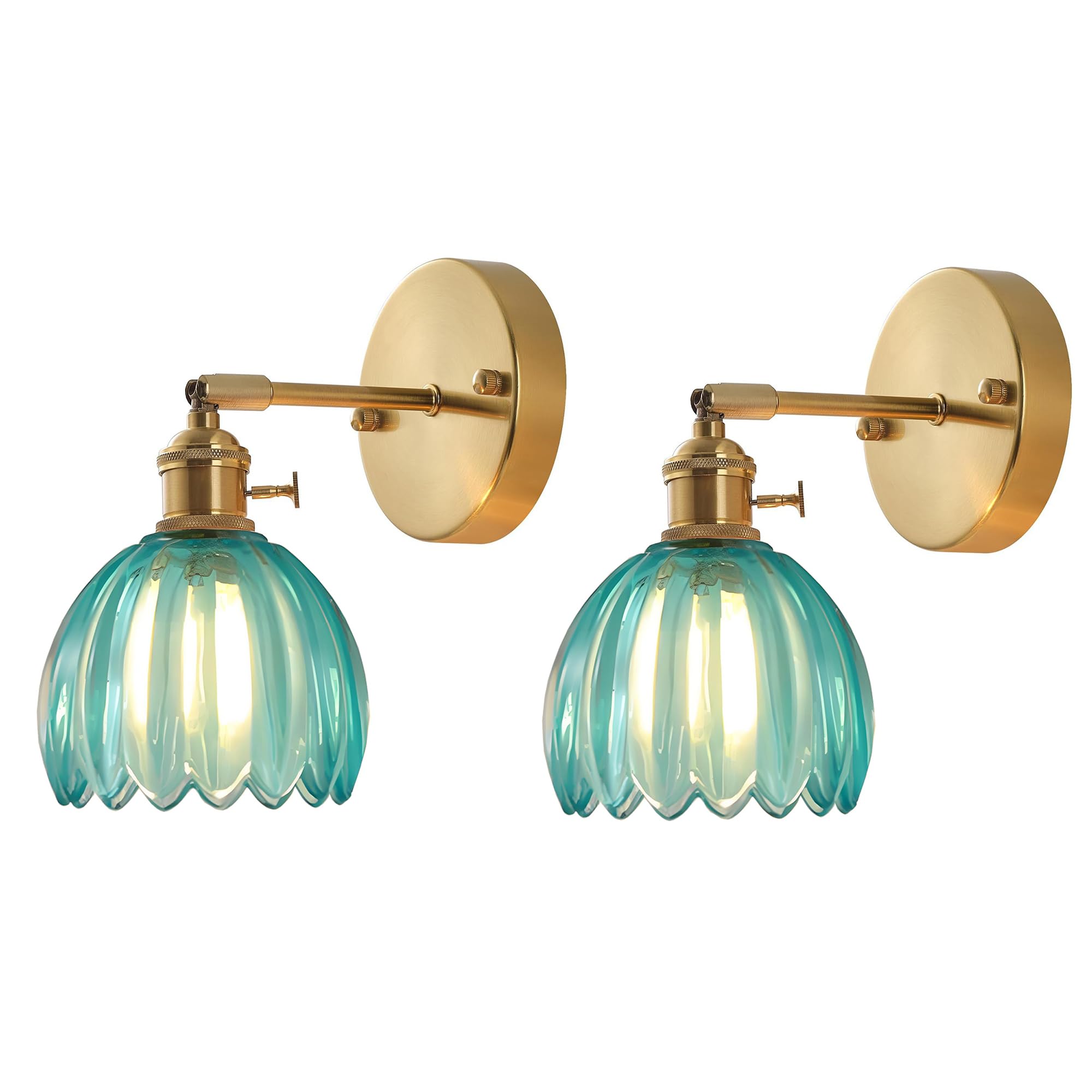 EKSED Vintage Glass Wall Light with E27 Socket and Rotary Switch, Decorative Wall Sconce with Petal-Shaped Shade for Bedroom, Hallway, or Living Room (Blue, 2-Pack)
