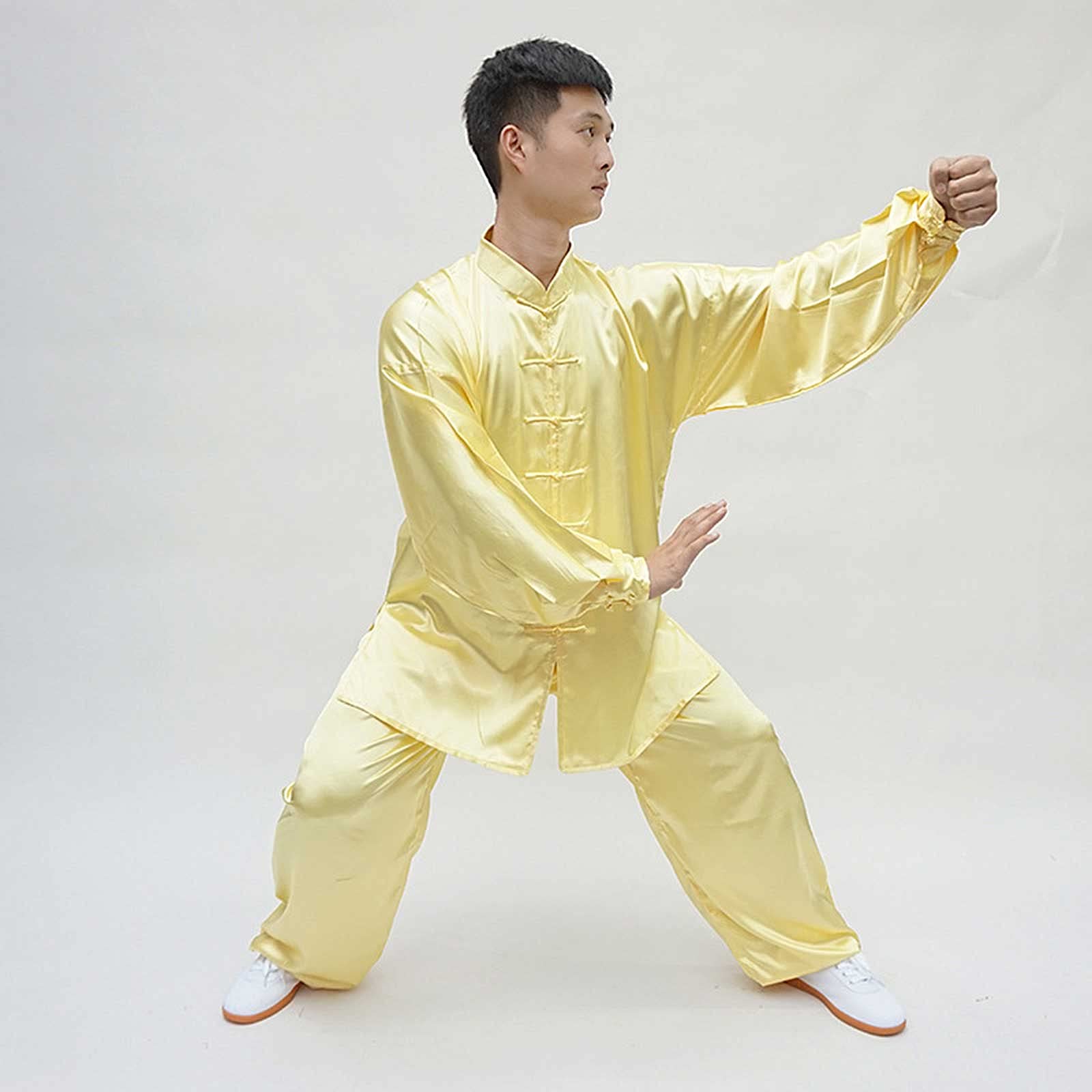 Unisex chiński tradycyjny Tai Chi jednolity bawełniany jedwab dorosły sztuka walki Kung Fu odzież treningowa zestaw do ćwiczeń Tai Chi medytacja Zen, żółty, XXL