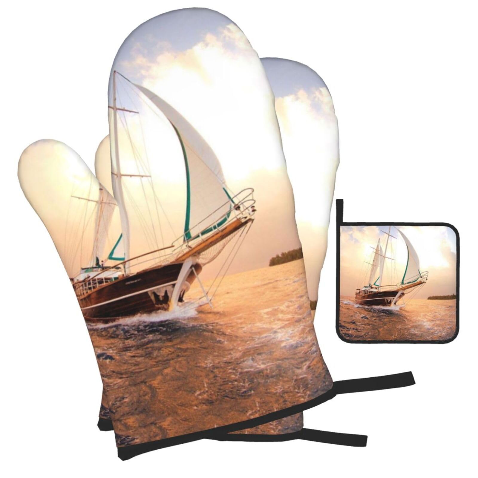 White Sailing Ship at Sunset Printed Oven Mitts and Pot Holders Heat Resistant Set of 3 Pcs, Modern Kitchen Gloves & Potholders for Cooking Baking Grilling