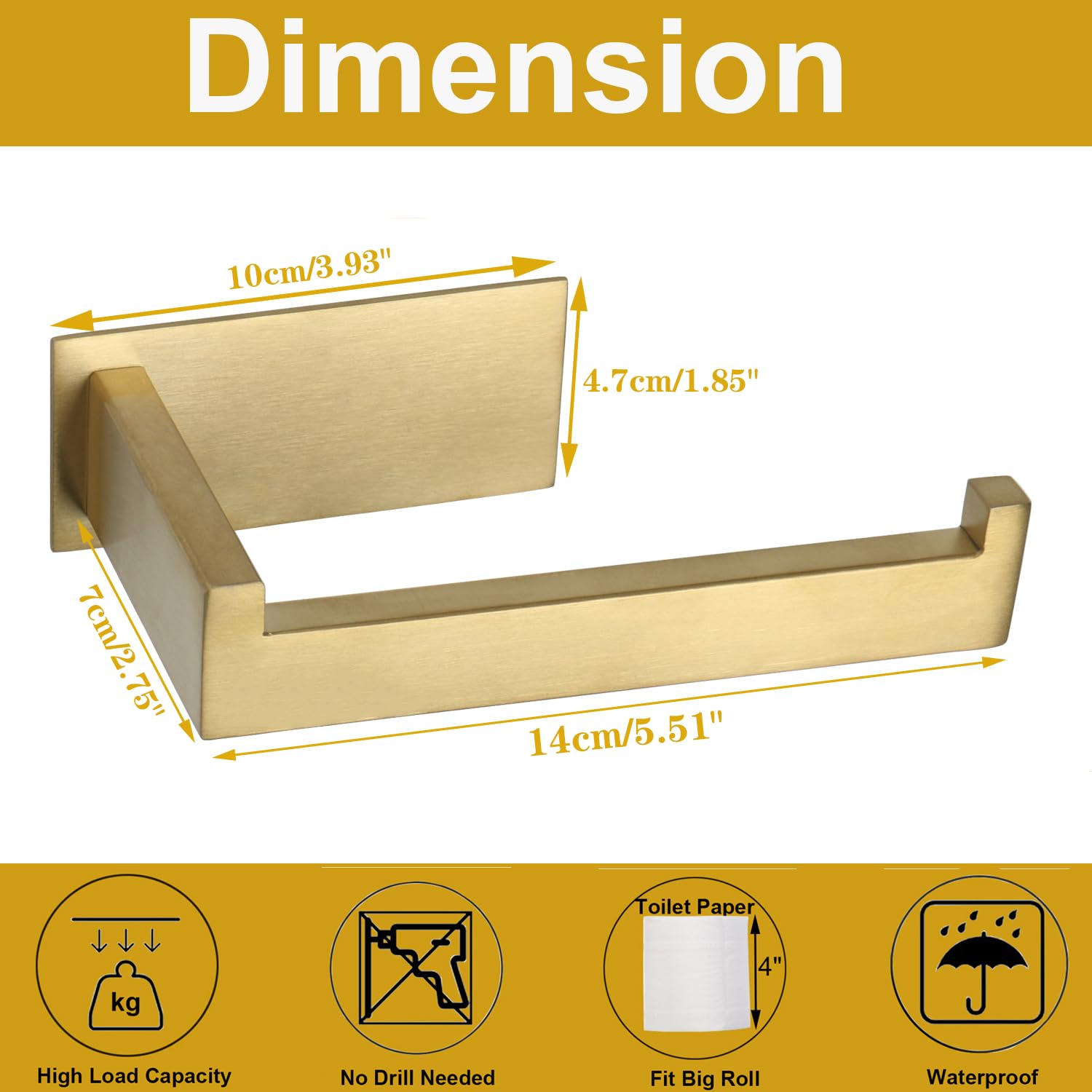 Toilet Paper Holder, Self Adhesive Tissue Holder Stainless Steel Rustproof Paper Roll Holder, No Drilling Easy to Install, Toilet Paper Rack Suitable for Office, Bathroom (Brushed Gold) — Amazon image 6